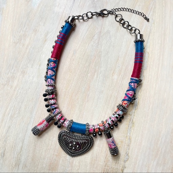 Tribal Boho Fabric, String and Metal Necklace - Picture 2 of 10